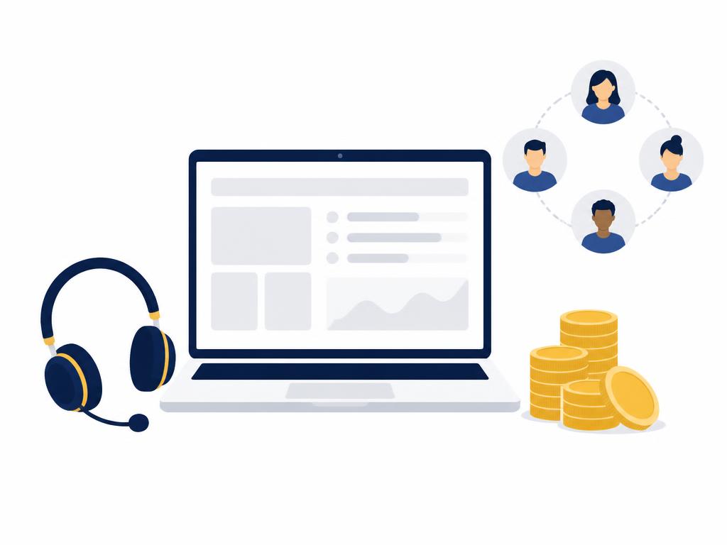 Illustration of a sales playbook on a laptop beside a headset and a community of sellers