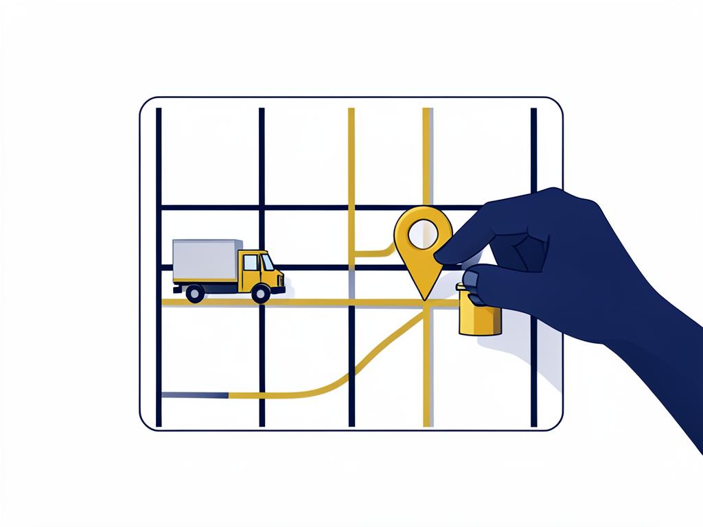 Illustration of a city zone map with a mail truck and a pin marking an owned territory